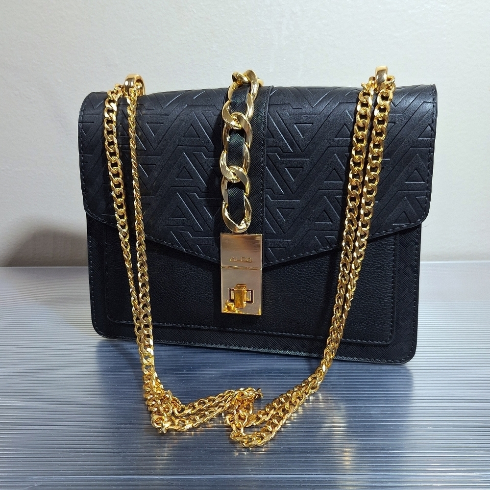 Aldo Womens Shoulder Bag Crossbody Clutch Black Monogram Gold Chain Strap